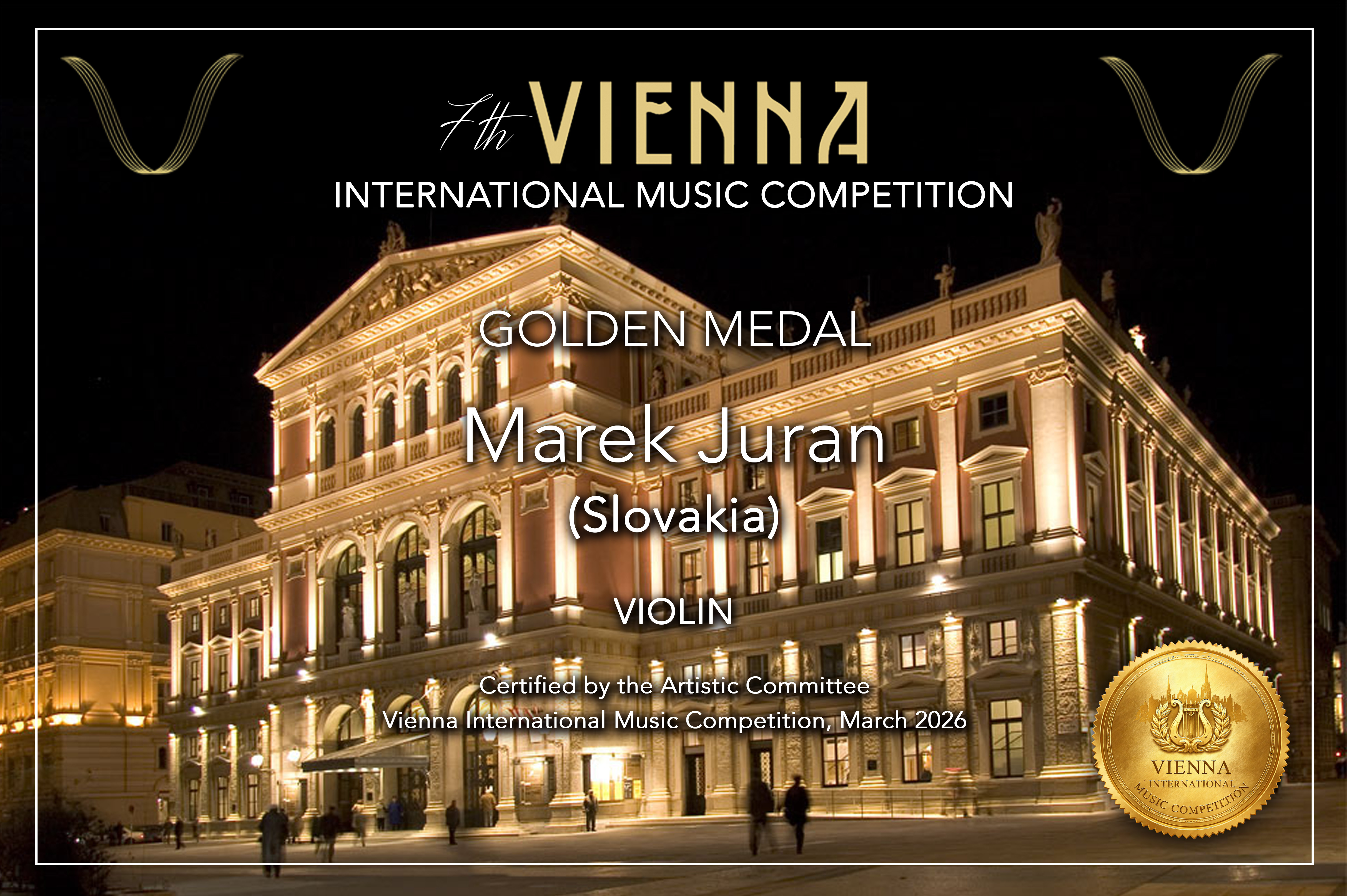 Golden Medal diploma awarded to Marek Juran at the 7th Vienna International Music Competition